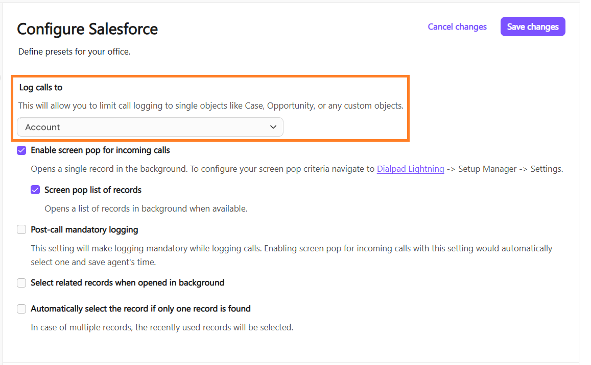 Salesforce configuration settings for logging calls to specific objects like Account.